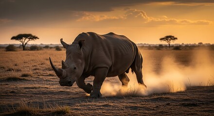 Fototapeta premium Powerful rhino charges through golden savanna at picturesque sunset