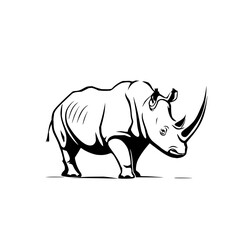 Obraz premium Illustration of a rhinoceros standing with its horn prominently displayed in black and white vector format