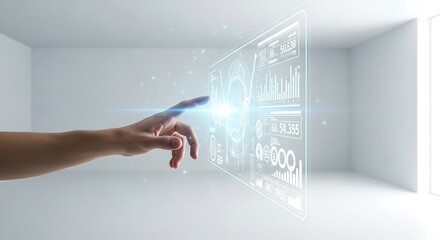 Human hand touching a bright digital interface with financial charts and data finger