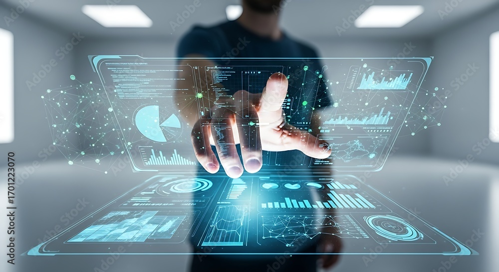 Poster man's hand interacting with floating holographic data displays and charts touching