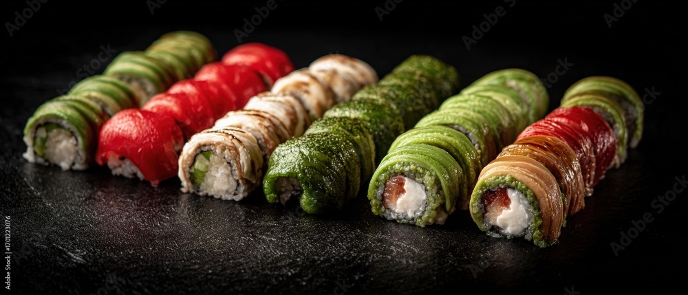 Poster colorful sushi rolls are arranged in a row on a dark surface, creating an appealing and inviting pre