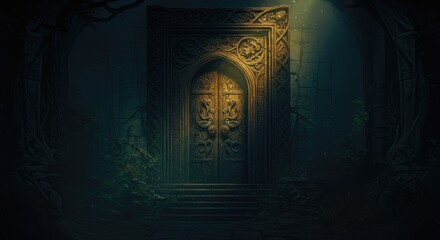 Ancient wooden door in a mystical forest