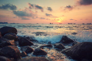 Obraz premium Serene seascape at twilight, with gentle waves crashing on rocky shore