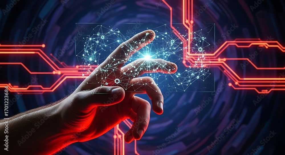 Poster person's hand interacting with a glowing digital network and circuit board patterns human interactio
