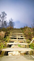 Wooden stairs leading up into the sky