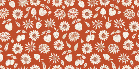 Charming hand drawn seamless pattern featuring white daisies and cherries on a warm terracotta background