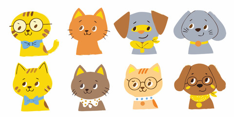 Cute cartoon cats and dogs with glasses and accessories in a playful hand drawn style