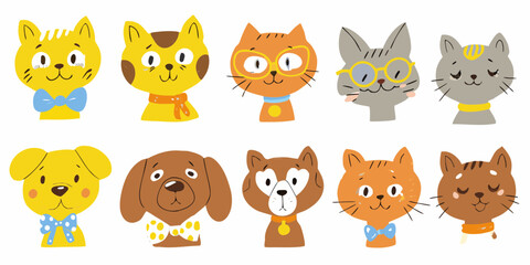 Collection of cute cartoon animal faces including cats and dogs with accessories