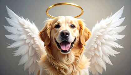 A golden retriever dog with angel wings and a halo, showcasing a joyful and spiritual mood.