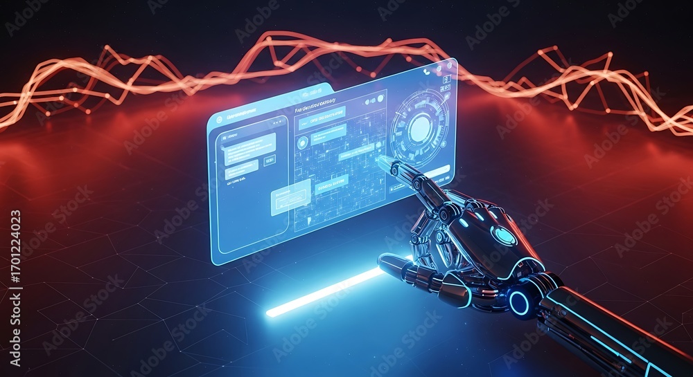 Poster robot hand interacting with futuristic digital interface artificial intelligence technology