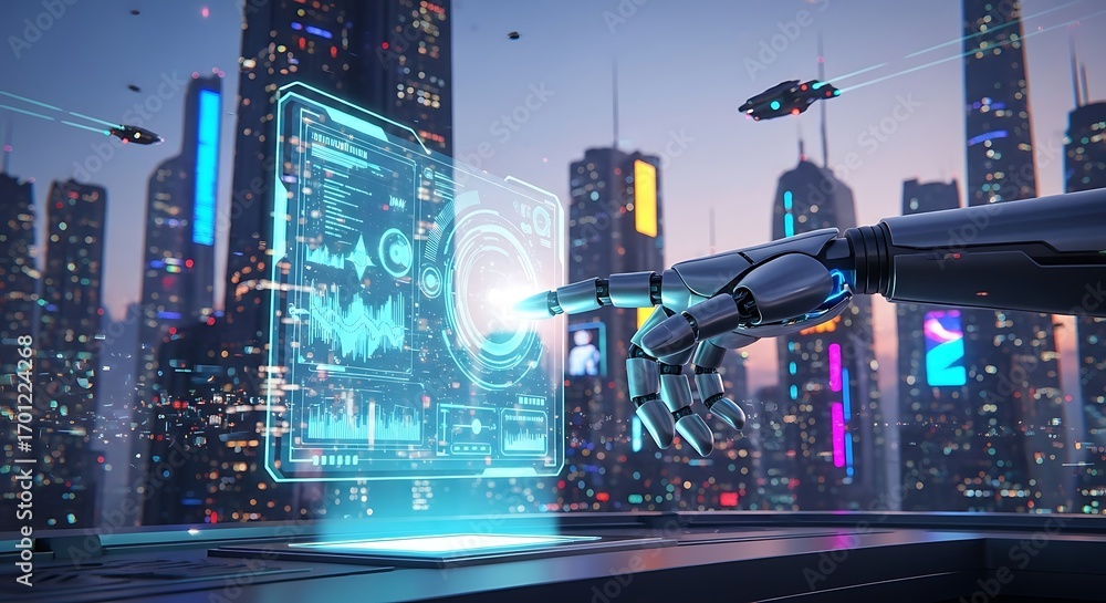 Poster robot hand interacts with holographic interface in a futuristic city artificial intelligence