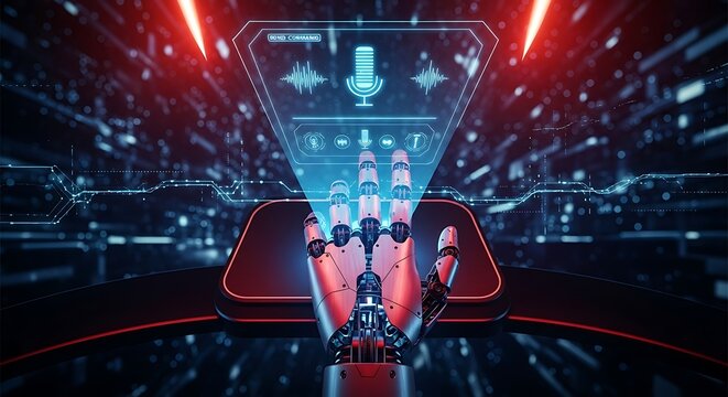 Robot Hand Interacting with Holographic Microphone and Sound Waves image photo