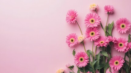 Fototapeta premium Pink flowers arranged on a pastel pink background.