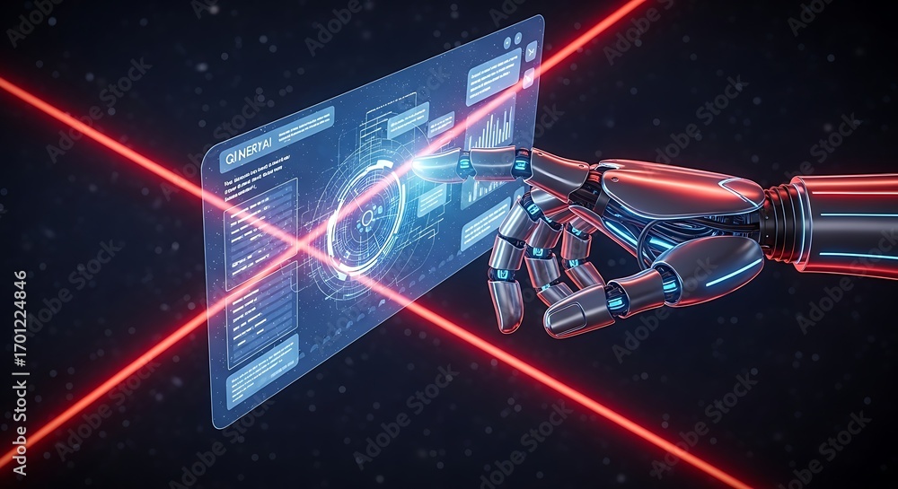 Poster robotic hand interacting with futuristic digital interface with red laser grid artificial intelligen