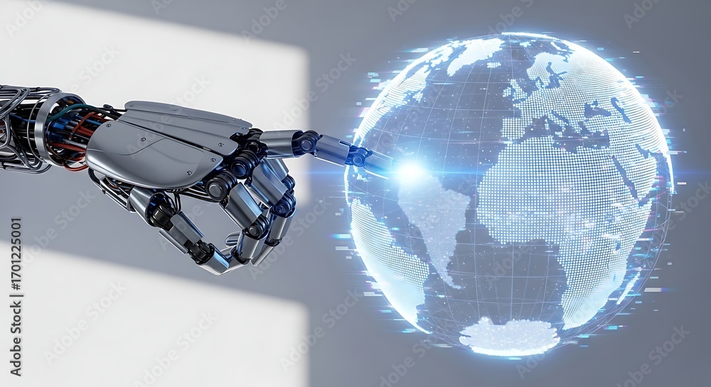 Poster robotic hand interacting with futuristic holographic globe display artificial intelligence