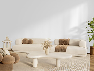 Contemporary beige sofas with decorative pillows and table isolated PNG, wall background removed with realistic shadows