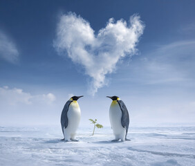 Fototapeta premium Emperor penguins rendezvous beneath a heart-shaped cloud in winter wonderland