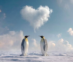 Fototapeta premium Emperor Penguins Courting Under a Heart-Shaped Cloud in Antarctica's Vast Expanse