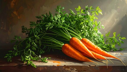 A still life painting displays a cluster of fresh carrots with vibrant green leaves, bathed in warm sunlight, resting on a rustic wooden surface.