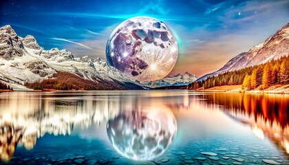 A breathtaking, hyperrealistic landscape painting.  A serene lake reflecting a large, luminous moon.  The moon is a mix of cool blues, purples, and grays with hints of glowing white. Its surface has a
