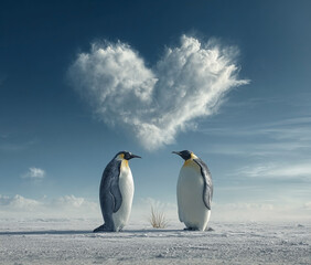 Obraz premium Penguin Pair Under Heart-Shaped Cloud Formation in Tranquil Antarctic Landscape