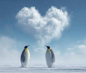 Fototapeta premium Penguin Pair Gazing at a Heart-Shaped Cloud in a Snowy Landscape