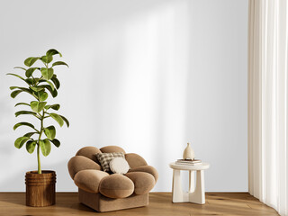 Modern brown armchair with indoor plant and side table isolated PNG, wall background removed with...