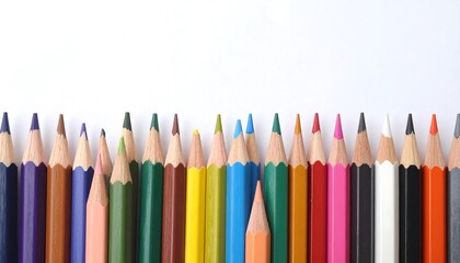 A colourful array of pencils arranged in a horizontal row against a plain white background.