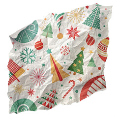 Festive holiday pattern featuring Christmas trees, snowflakes, ornaments, and candy canes on crumpled paper texture