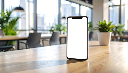 Modern smartphone with a blank white screen, ideal for design mockups or digital content display, set on a wooden desk in a contemporary office environment, symbolizing innovation and connectivity