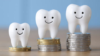 Tooth figurines on coin stacks illustrate dental cost comparison and savings growth, symbolizing budgeting decisions and financial planning for oral care.
