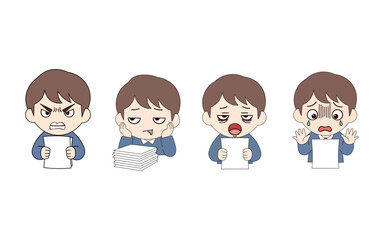 Cartoon Businessman Showing Different Emotions Due to Workload