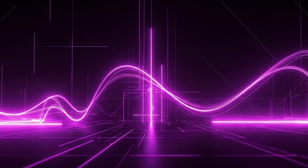 A futuristic digital landscape with glowing purple neon light waves flowing across a virtual grid in dark cyberspace