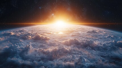 Sunrise above Earth's cloudy atmosphere, space view.
