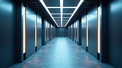 Sleek modern architectural corridor with geometric glowing light accents, creating a futuristic tunnel aesthetic in a dark, empty interior space, evoking advanced technology and abstract design