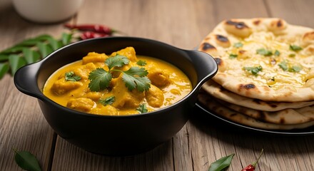 Delicious Chicken Curry with Naan Bread on Rustic Wooden Background