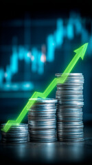 Rising stacks of coins with a growth arrow visualize successful investment and finance, symbolizing profit planning savings and a positive economic trend over time.
