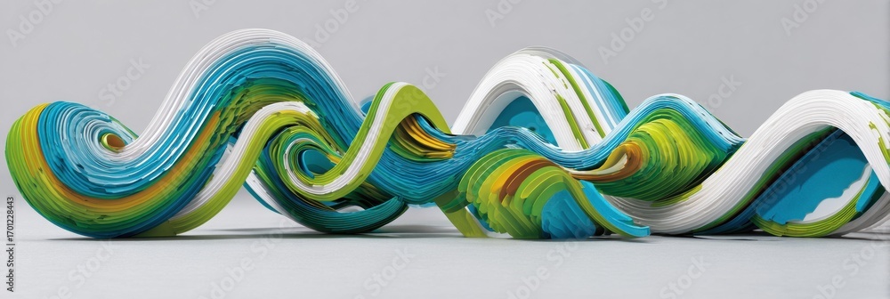 Poster colorful layered sculpture against plain background in studio style, creating waves with multiple co
