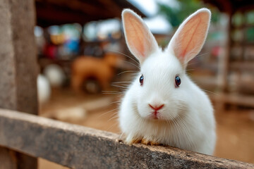 Obraz premium Captivating close-up of a curious white rabbit peering over a wooden fence