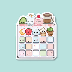 Cartoon-style food stickers showcase adorable smiling desserts and drinks, creating a cheerful and whimsical arrangement. The vibrant colors add a playful touch.