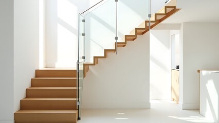 Bright Interior Modern Wooden Staircase with Glass Railings in a White Hallway