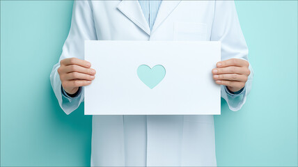 Doctor presenting a card with a heart cutout promoting cardiology care compassion and health awareness communication for prevention and support. 