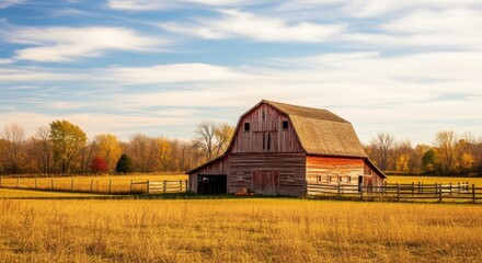 Rustic Red Barn Bathed in Golden Autumn Light Amidst a Field of Dry Grass and Colorful Trees