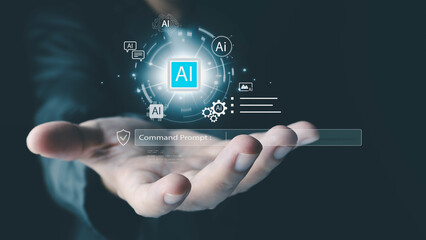 A hand holds a glowing digital interface with an AI icon and command prompt. This illustrates the concept of advanced technology, automation, and human-computer interaction.