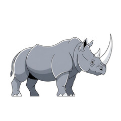 Obraz premium Strong rhinoceros with a large horn, side view cartoon vector illustration of a wild animal, isolated on white background.