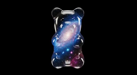 Gummy bear filled with a vibrant galaxy against a black background creating a whimsical and cosmic candy concept