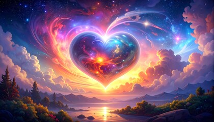 A vibrant, cosmic heart-shaped object floats amidst a breathtaking landscape of clouds, mountains, and a serene lake, bathed in the soft glow of a celestial sunrise.