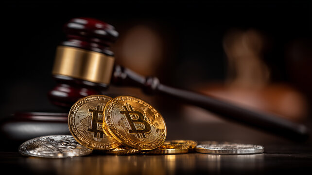 Gavel with cryptocurrency coins illustrating crypto regulation legal compliance enforcement and responsible digital asset governance.
