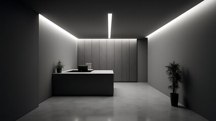 Sleek and minimalist office lobby with monochromatic grey tones, modern recessed linear lighting, and a contemporary reception desk