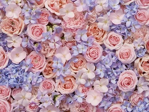Pastel roses and lilac hydrangea densely arranged, creating a luxe floral background for wedding, greeting, and branding.